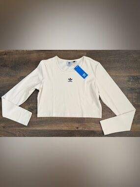 adidas Cream Ribbed Cropped long sleeve with Black embroidered logo